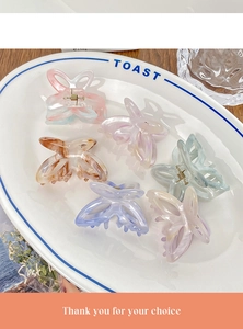 Détail de pinces à cheveux papillon évidées en six couleurs nacrées sur une assiette