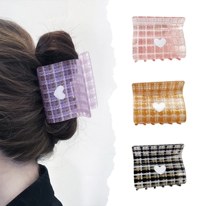 Elegant plaid square claw clip for women with heart detail and spring opening design