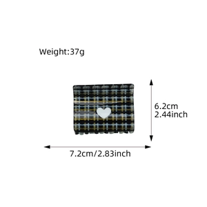 Elegant plaid hair claw clip with white heart decoration, black and gold square hair grip
