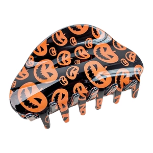 Halloween claw clip with orange pumpkin pattern on black high-gloss resin material