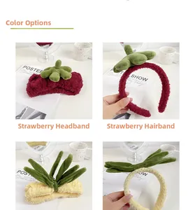 Detail of plush strawberry hairband and pineapple headband for face washing