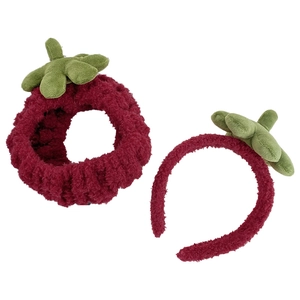 Plush strawberry hairband and headband set in berry red soft coral fleece fabric
