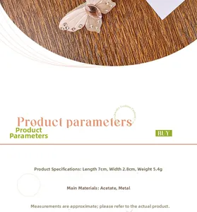 Detail showing acetate butterfly hair clip with rhinestones and size specifications