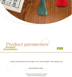 Detail of vintage lantern hair stick with red tassels, length 17cm, made of alloy material
