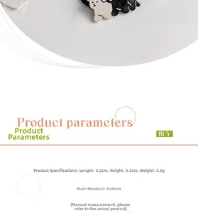 Detail showing acetate dog hair tie dimensions 5.2x3.2cm and weight 5.2g for styling