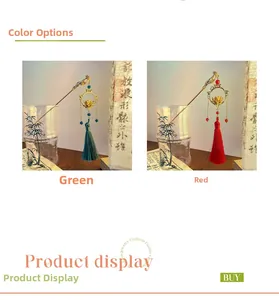 Detail showing vintage Chinese hair pins with lotus lantern pendants in red and green colors