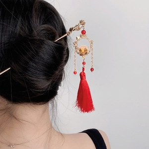 Elegant Chinese palace lantern hair pin with golden alloy, orange bead, and red tassels