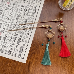 Ancient style dragon head hairpins with lotus charms and long silk tassels for Hanfu