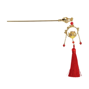 Classic Chinese lantern hair pin with red tassels and gold lotus design on white background