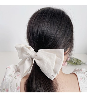 Détail d'un grand nœud papillon blanc avec texture à carreaux sur cheveux sombres élégants