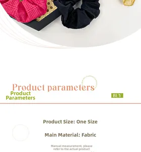 Detail view of pink plaid and black scrunchies on a woven tray with product dimensions