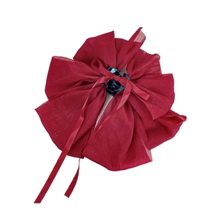 Elegant large deep red mesh bow hair claw clip with satin ribbons for women's hair styling