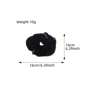 Elegant black scrunchie with gold thread trim, 16cm diameter, lightweight fabric hair tie
