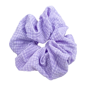 Elegant purple checkered scrunchie hair tie with stylish gold thread fabric texture