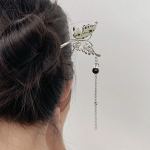 Bacchetta per capelli a farfalla d'argento con nappe e perline per acconciatura cinese