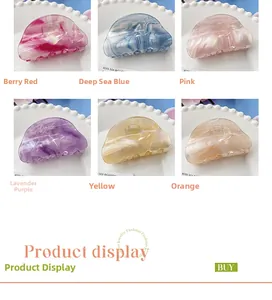 Detailed grid view of semi-circular acetate hair claws in various vibrant marbled colors