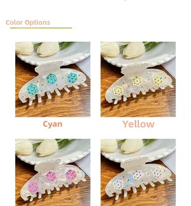Detailed view of four colorful iridescent flower hair claws with rhinestones and pearly finish