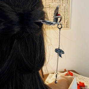 Traditional Chinese silver hair stick with crane and blue cloud tassel for women