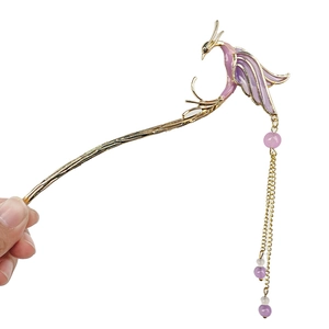 Chinese style golden phoenix hair pin with purple enamel bird and long metal tassels