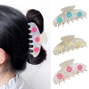 Elegant snowflake acetate hair claw clip with colorful floral rhinestones and pearls