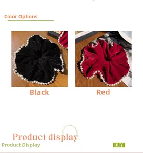 Detailed view of large black and red velvet hair scrunchies with elegant pearl edges