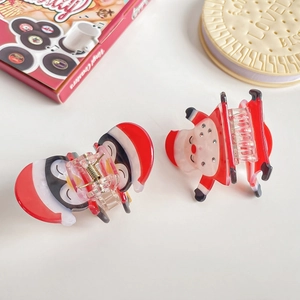 Pinces à cheveux mignonnes Père Noël et pingouin en acrylique rouge et blanc pour femme