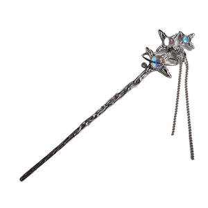 Silver Chinese style fan hair stick with celestial stars and iridescent gems and long tassel