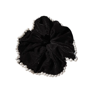 French vintage black velvet scrunchie with white pearl trim and shimmering texture
