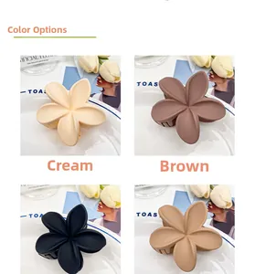 Detailed view of matte flower hair claws in cream, brown, black and khaki colors