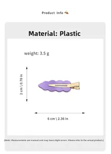 Detailed view of purple wavy acrylic hair clip with gold metal base and dimensions