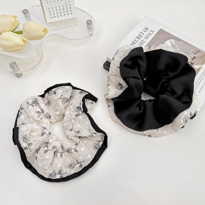 French Vintage Floral Rose Large Scrunchie Women Elegant Black White Contrast Ruffled Fabric Hair Ring Fashion Accessory