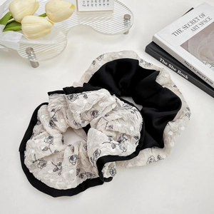French floral chiffon hair scrunchies set in beige rose print and black satin finish
