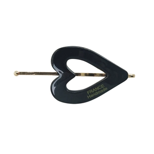 Vintage black acetate heart hair clip with gold metal pin and France Handmade lettering