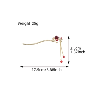 Chinese style gold plum blossom hair stick with red floral tassels and 25g weight details