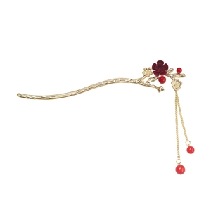 Chinese style gold metal hair pin with dark red plum blossoms and hanging tassels