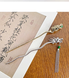 Detailed view of dragon-shaped hairpins with tassels and green beads on a calligraphic background
