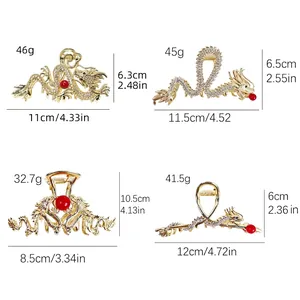 Golden dragon hair claw clips with rhinestones in four styles showing sizes and weights