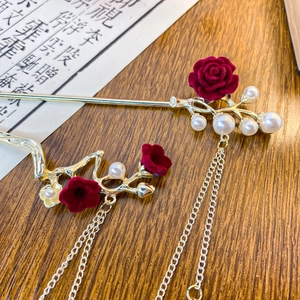 Classic Chinese metal hairpins with red velvet flowers and long gold tassels