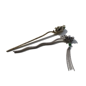 Vintage style metal dragon hair sticks with elegant tassels and green bead ornaments