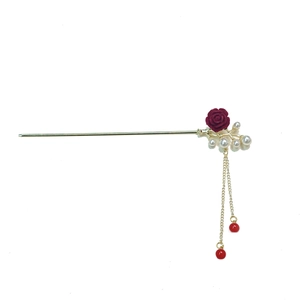 Classical gold hair stick with deep red rose floral design and elegant pearl tassels