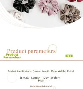 Size comparison chart for elegant satin scrunchies showing 15cm and 10cm fabric dimensions