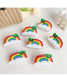 Rainbow cloud hair clips with clover charms and sparkling rhinestones for women