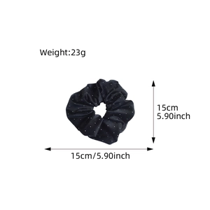 Elegant black satin scrunchie with silver polka dots, 15cm diameter hair accessory