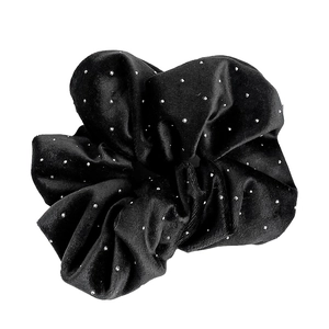 Elegant black velvet scrunchie with silver rhinestone accents for women's hair styling