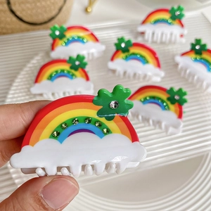 Rainbow claw clip with clover and rhinestones on white cloud base for women's hair