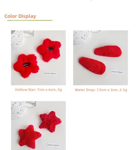 Detail of plush red star and teardrop hair clips with precise size measurements