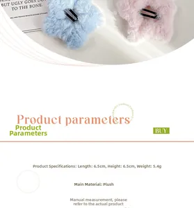 Detail view of plush star hair clips in pink and blue with size and weight parameters