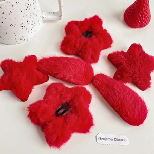 Red Plush Star Water Drop Hair Clips For Women Girls Soft Faux Fur Duckbill BB Clips Cute Sweet Winter Hair Accessories
