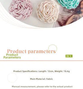 Close-up of handmade fabric rose hair clips in pink, beige, and green with dimensions