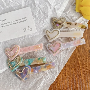 Heart Shaped Acetate Hair Clip Marble Pattern Rhinestone Duckbill Clip Sweet Korean Style Fashion Hair Accessories For Women